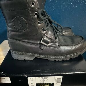 Ralph Lauren Black Leather Lace-Up Combat Boot with Buckle